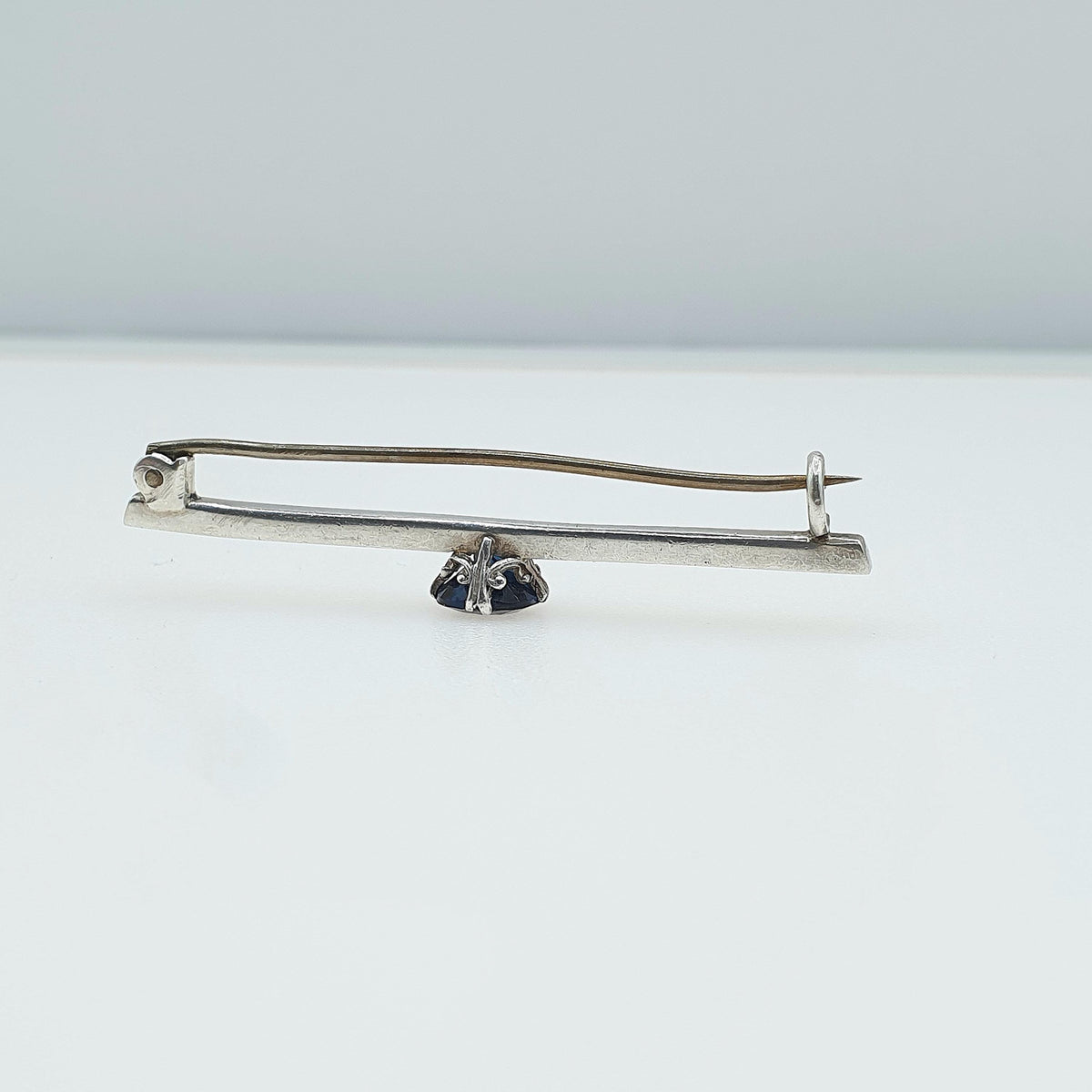 Antique Solid Silver Sapphire Paste Bar Brooch Pin Square Cut Blue Glass Vintage Womens Jewelry Jewellery Retro