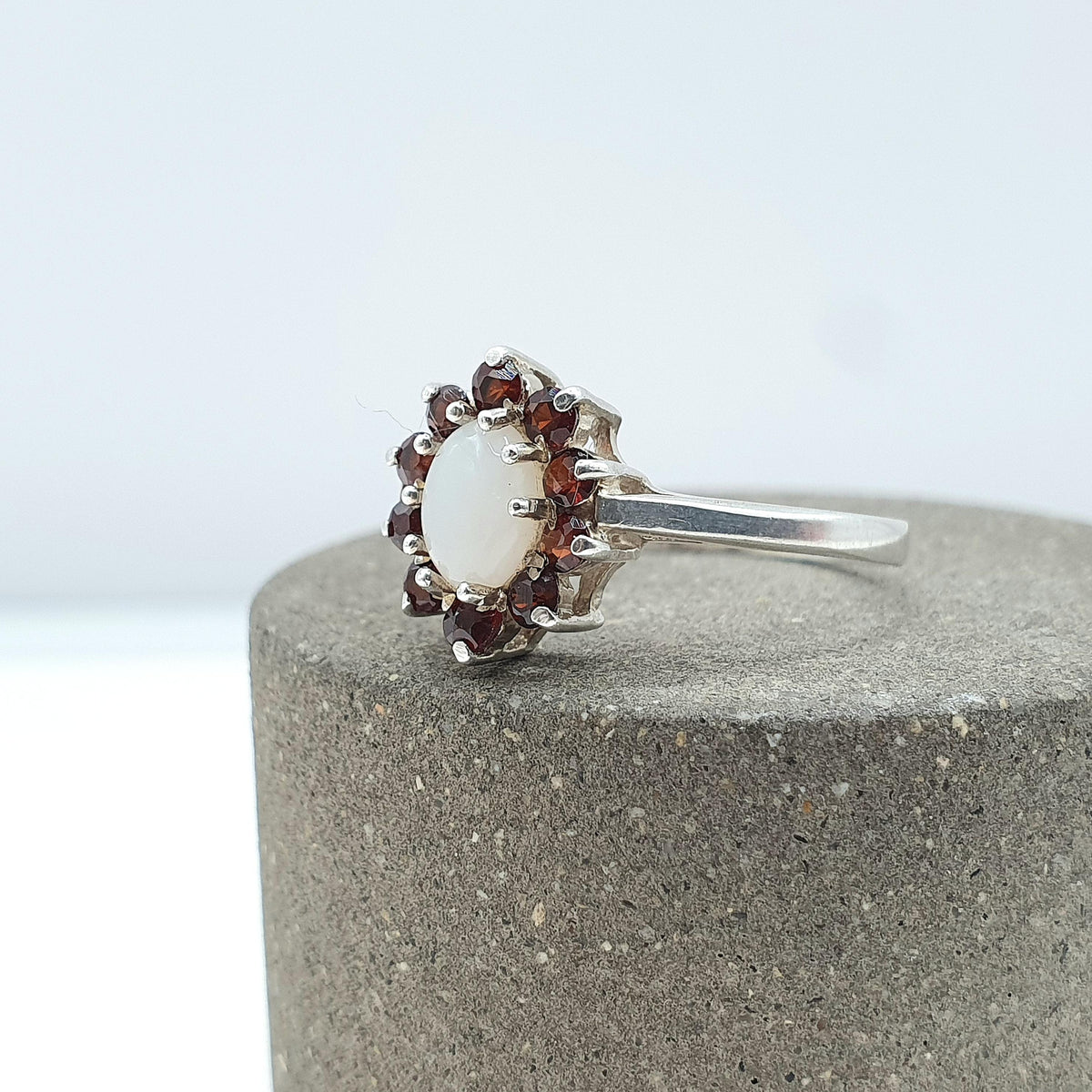 Vintage Sterling Silver Garnet & Opal Ring Cluster Halo Genuine Gemstone Womens Girls Jewelry Jewellery UK L US 5.75