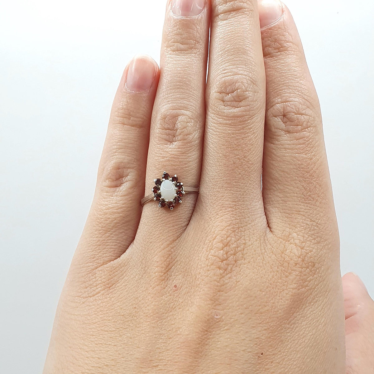 Vintage Sterling Silver Garnet & Opal Ring Cluster Halo Genuine Gemstone Womens Girls Jewelry Jewellery UK L US 5.75
