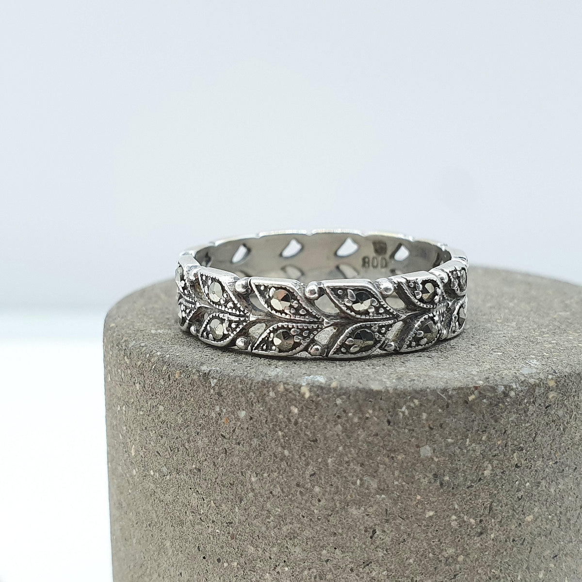 Antique Solid Silver Marcasite Eternity Ring Double Row Art Deco Leaf Pattern Promise Gift Women’s Mens Jewelry Jewellery UK N.5 US 7