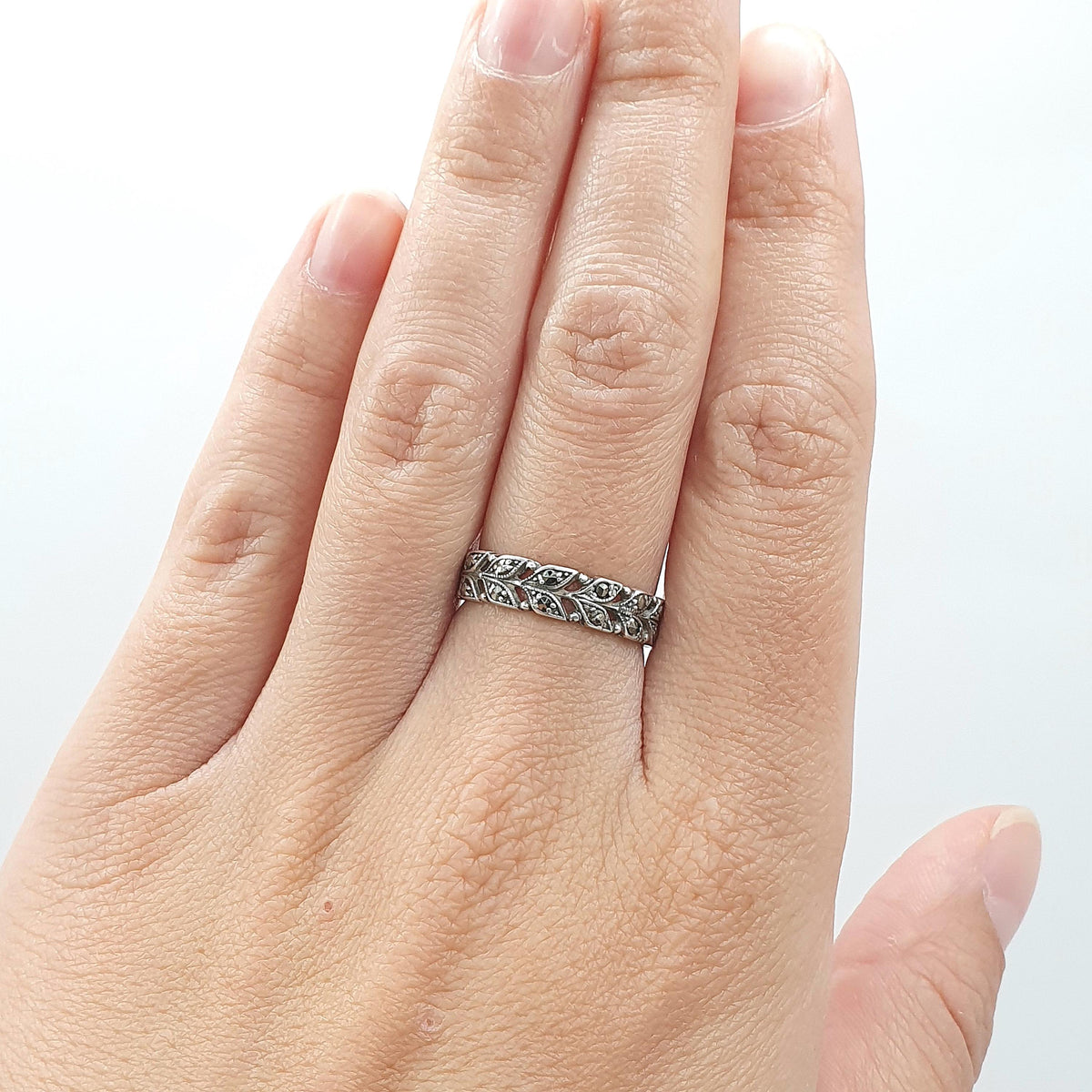 Antique Solid Silver Marcasite Eternity Ring Double Row Art Deco Leaf Pattern Promise Gift Women’s Mens Jewelry Jewellery UK N.5 US 7