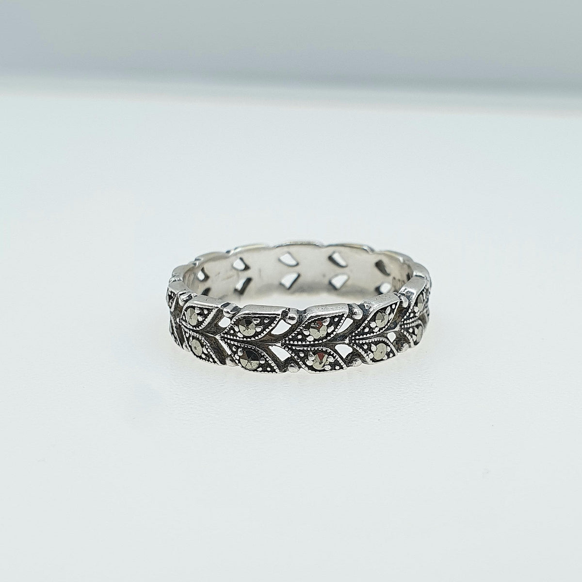 Antique Solid Silver Marcasite Eternity Ring Double Row Art Deco Leaf Pattern Promise Gift Women’s Mens Jewelry Jewellery UK N.5 US 7