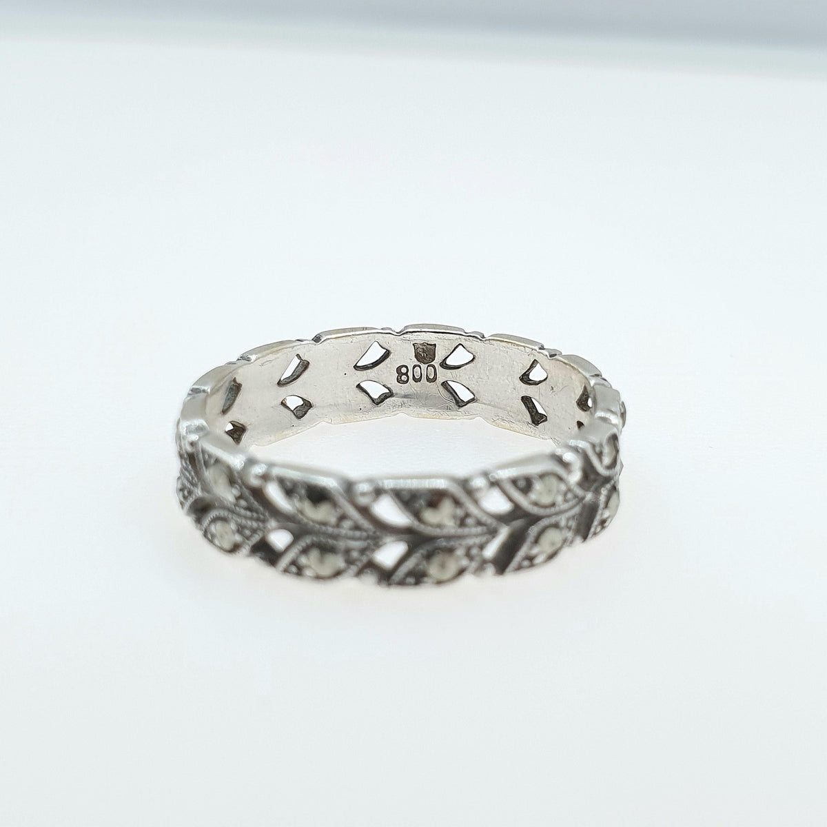 Antique Solid Silver Marcasite Eternity Ring Double Row Art Deco Leaf Pattern Promise Gift Women’s Mens Jewelry Jewellery UK N.5 US 7
