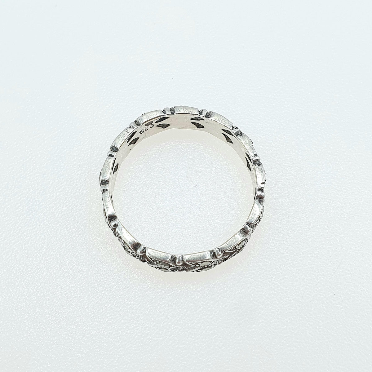 Antique Solid Silver Marcasite Eternity Ring Double Row Art Deco Leaf Pattern Promise Gift Women’s Mens Jewelry Jewellery UK N.5 US 7