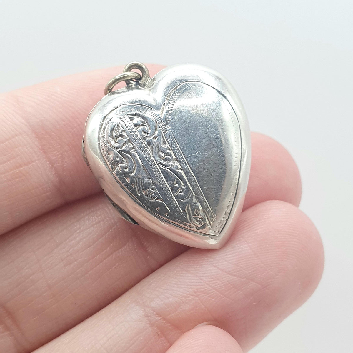 Antique Solid Silver Back and Front Heart Locket Art Deco Photo Keepsake Hand Engraved Front Womens Jewelry Vintage Jewellery