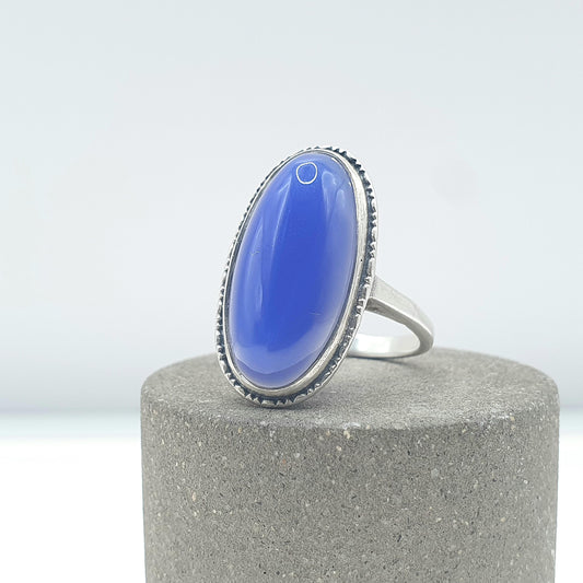 Antique Solid Silver Blue Chalcedony Ring Large Oval Cabochon Blue Gemstone Art Deco 1920s Vintage Womens Jewellery Jewelry