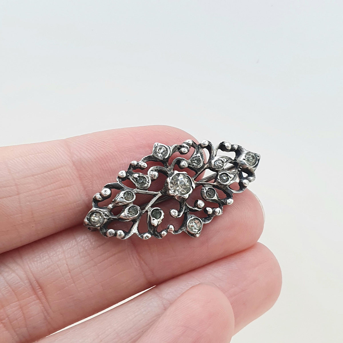 Antique Victorian Solid Silver Diamond Paste Brooch Georgian Revival Scroll Design Navette Shape Vintage Jewelry Jewellery Womens