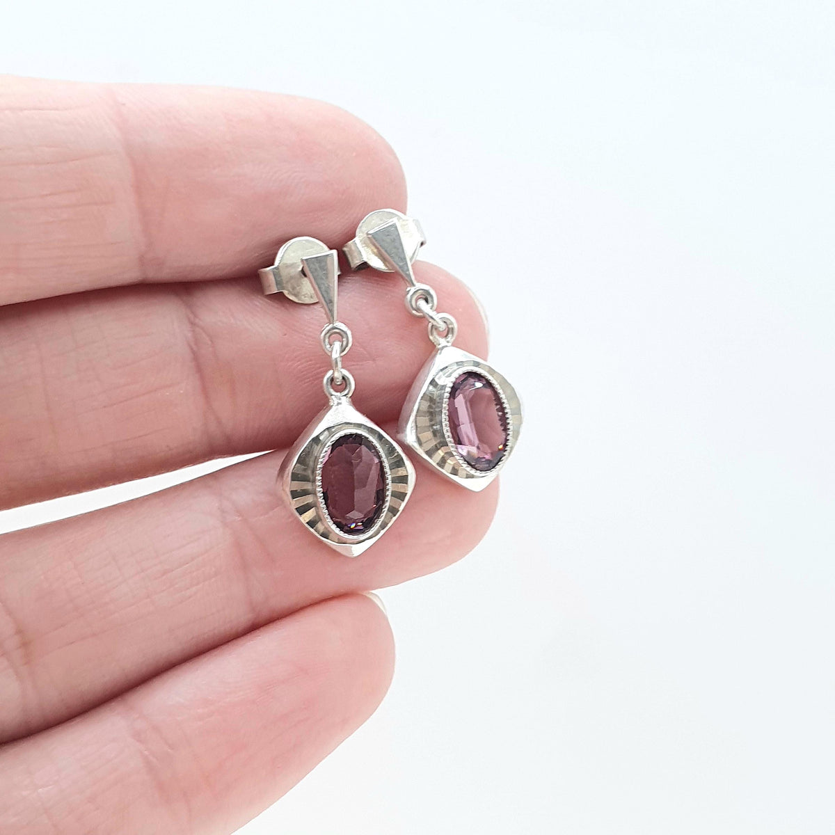 Antique Art Deco Solid Silver Amethyst Paste Earrings Stud Hanging Square Shape Oval Cut Vintage Womens Jewelry Jewellery
