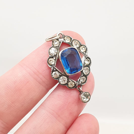 Antique Solid Silver Sapphire & Diamond Paste Pendant Necklace Victorian Hanging Drop Art Nouveau Vintage Womens Jewellery Jewelry