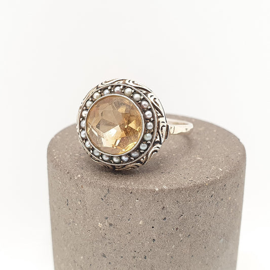 Antique Gold on Solid Silver Natural Citrine Ring Seed Pearl Round Cut Flower Art Deco 1920s Vintage Womens Jewellery Jewelry UK S US 9