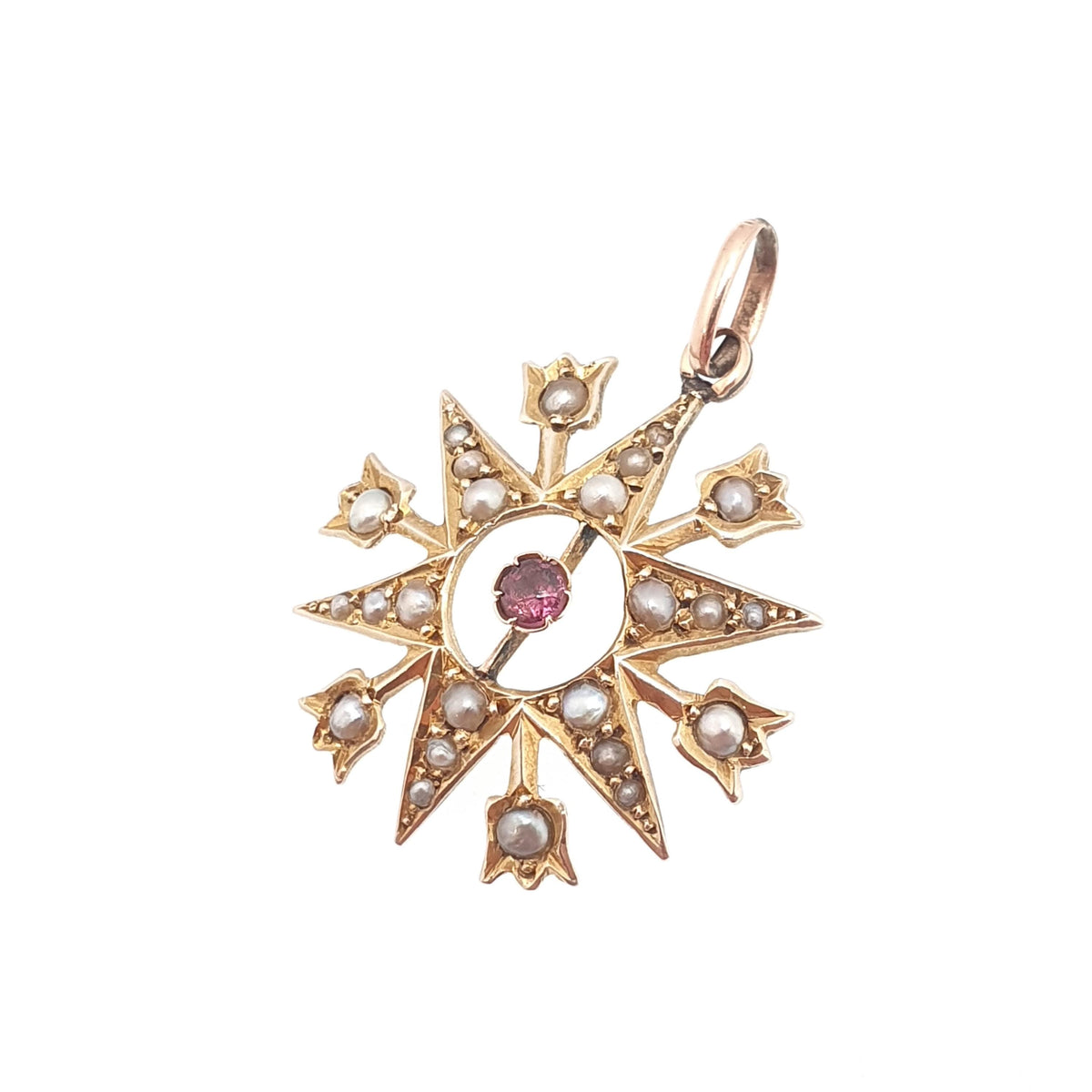 Antique 9ct Gold Star Pendant Amethyst Seed Pearl Necklace Solid 9k 9kt Celestial Flower Vintage Womens Jewellery Jewelry