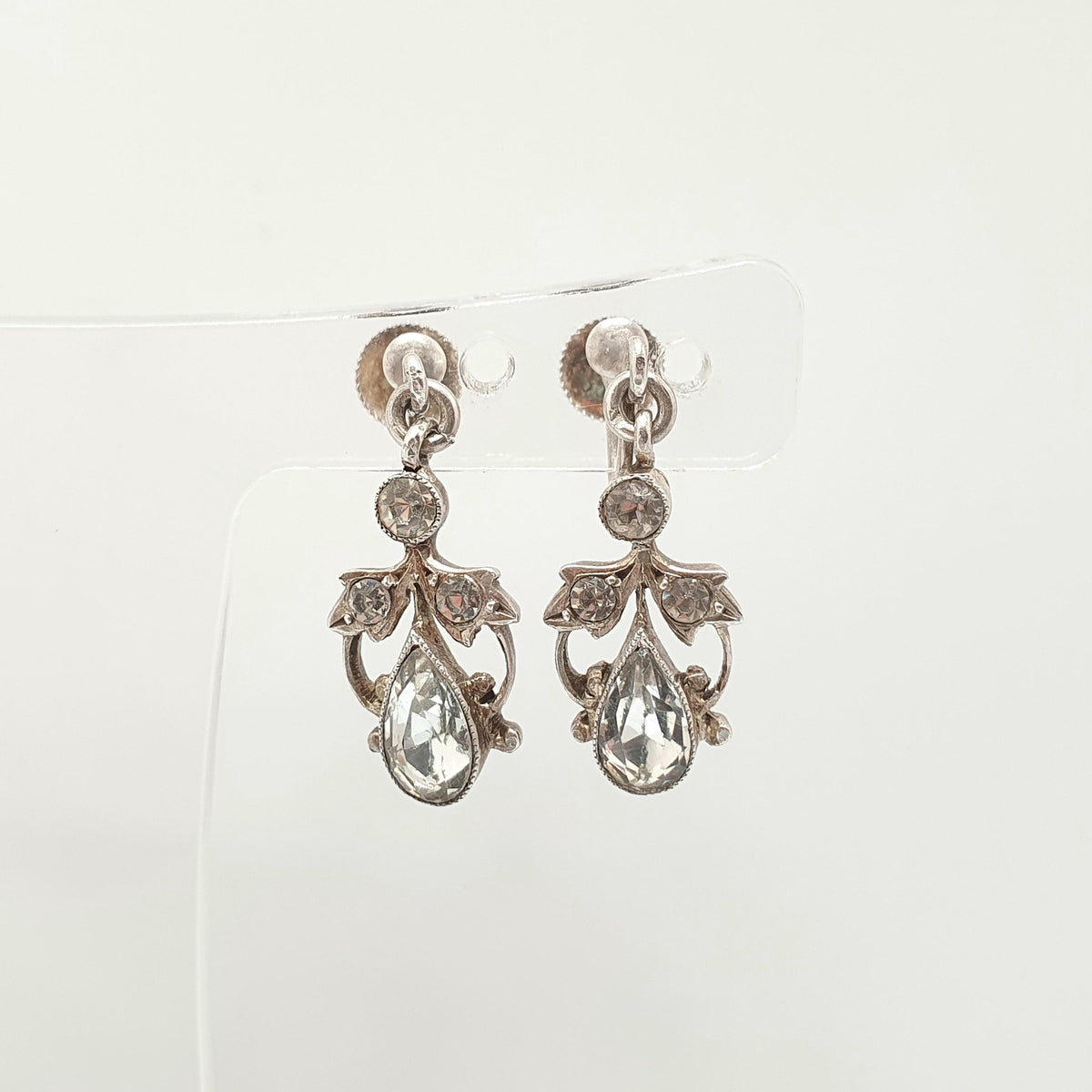 Antique Victorian Solid Silver Diamond Paste Earrings Pear Cut 1800s Screw Back Art Nouveau Sparkly Vintage Jewelry Jewellery