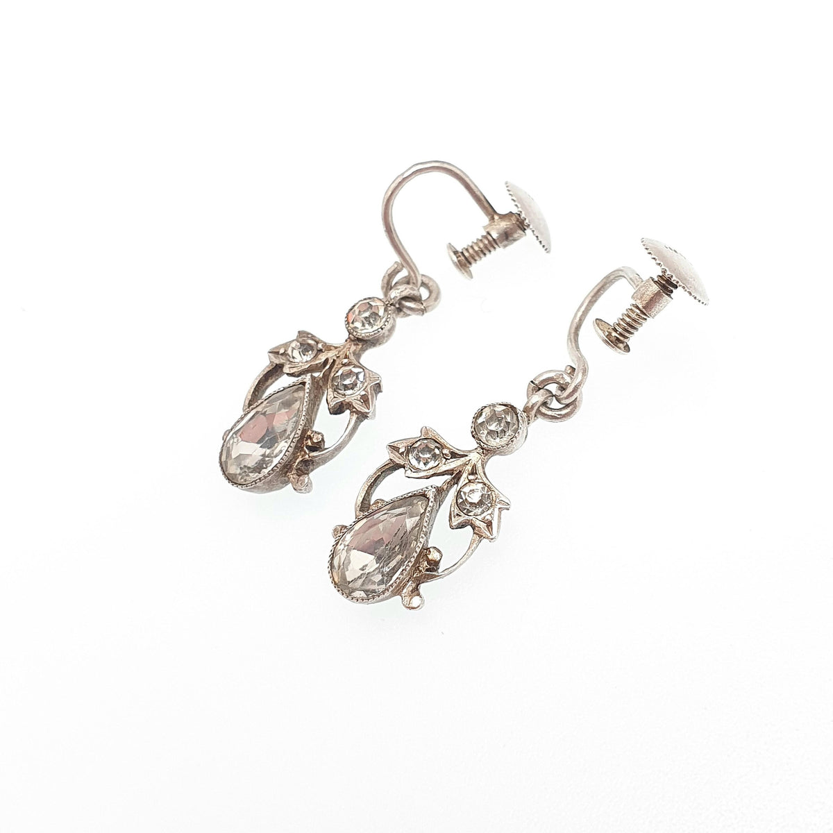 Antique Victorian Solid Silver Diamond Paste Earrings Pear Cut 1800s Screw Back Art Nouveau Sparkly Vintage Jewelry Jewellery