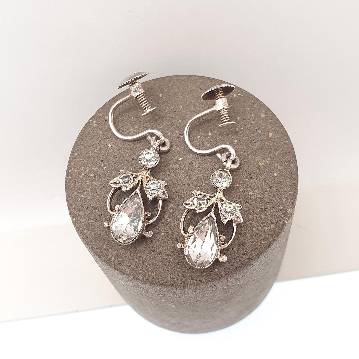 Antique Victorian Solid Silver Diamond Paste Earrings Pear Cut 1800s Screw Back Art Nouveau Sparkly Vintage Jewelry Jewellery