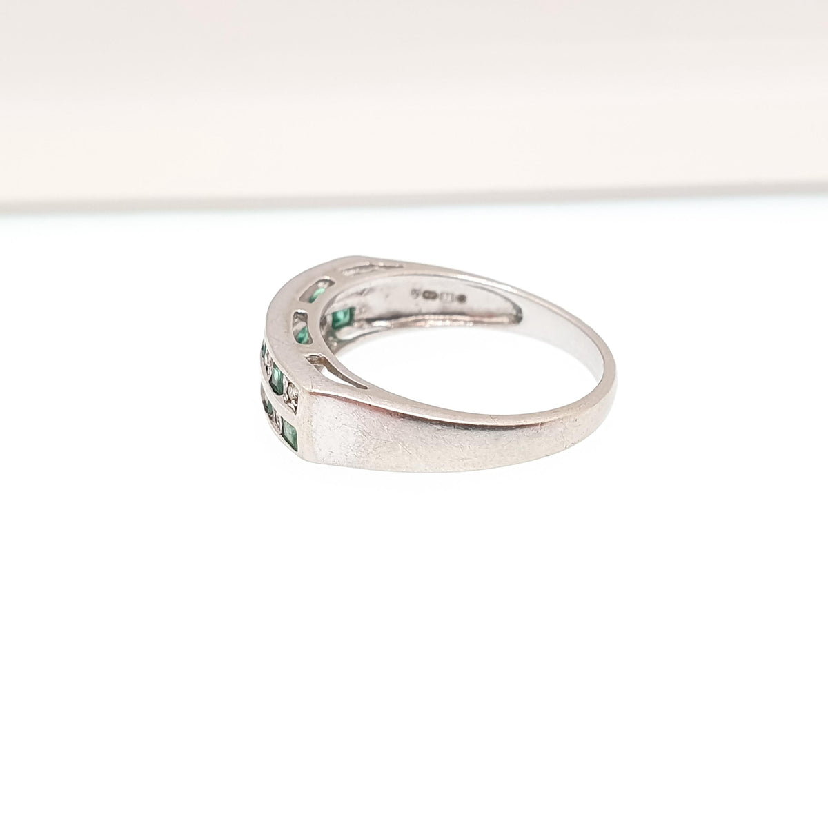 Vintage 9ct Gold Emerald & Diamond Ring Grid Double Row Solid White 9k 9kt Genuine Gemstones Jewelry Jewellery Womens UK N US 6 3/4