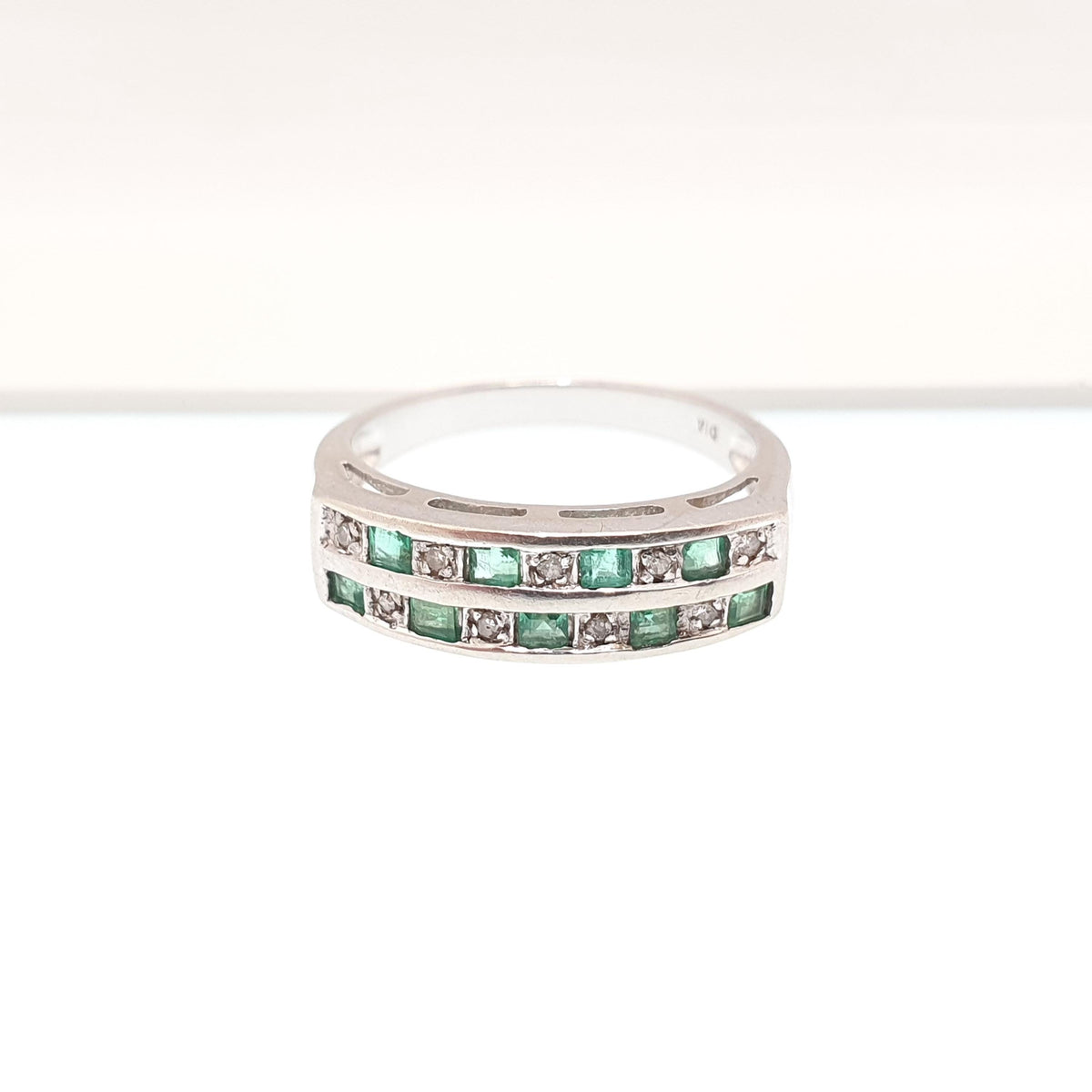 Vintage 9ct Gold Emerald & Diamond Ring Grid Double Row Solid White 9k 9kt Genuine Gemstones Jewelry Jewellery Womens UK N US 6 3/4