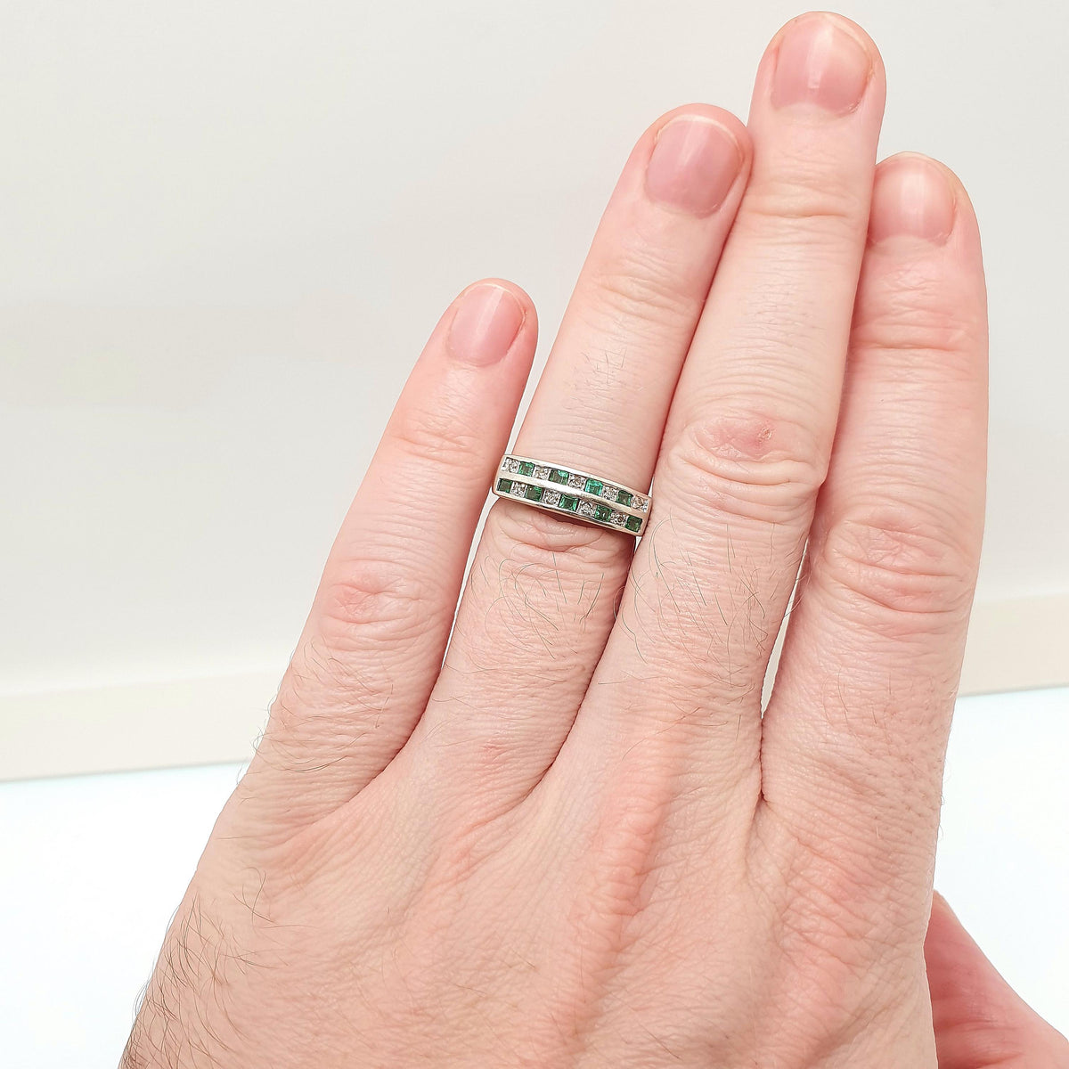 Vintage 9ct Gold Emerald & Diamond Ring Grid Double Row Solid White 9k 9kt Genuine Gemstones Jewelry Jewellery Womens UK N US 6 3/4