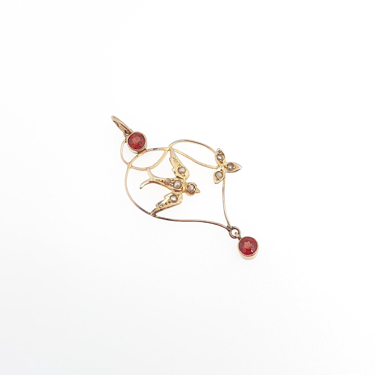Antique 9ct Gold Bird Pendant Garnet Seed Pearl Necklace Solid 9k 375 Edwardian Swallow Vintage Womens Jewellery Jewelry