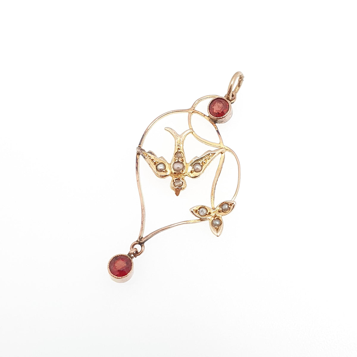 Antique 9ct Gold Bird Pendant Garnet Seed Pearl Necklace Solid 9k 375 Edwardian Swallow Vintage Womens Jewellery Jewelry