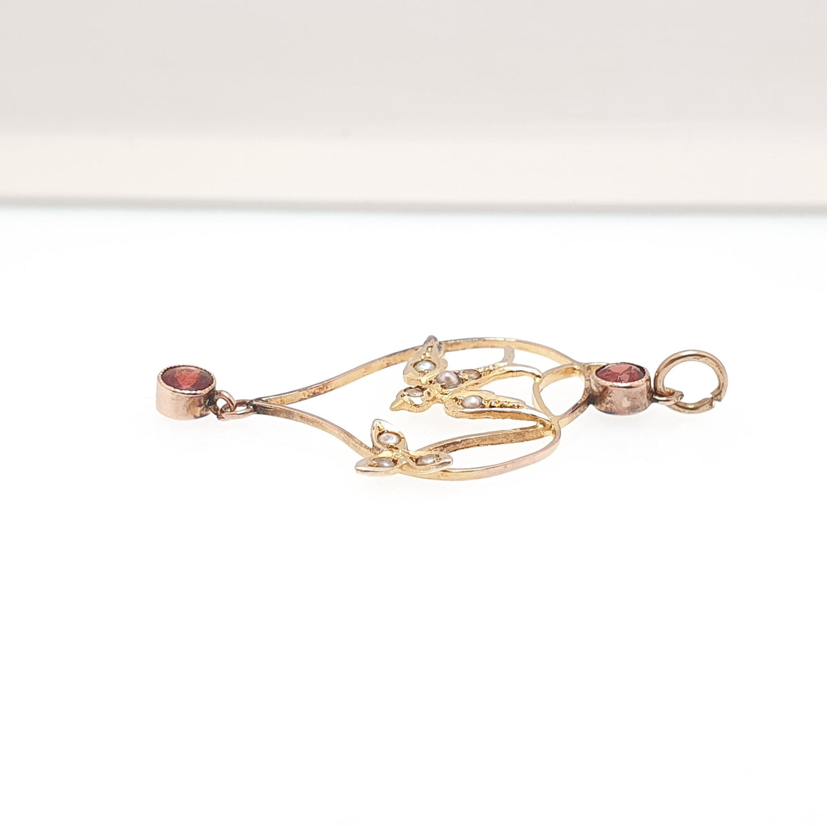Antique 9ct Gold Bird Pendant Garnet Seed Pearl Necklace Solid 9k 375 Edwardian Swallow Vintage Womens Jewellery Jewelry