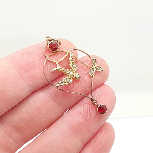 Antique 9ct Gold Bird Pendant Garnet Seed Pearl Necklace Solid 9k 375 Edwardian Swallow Vintage Womens Jewellery Jewelry
