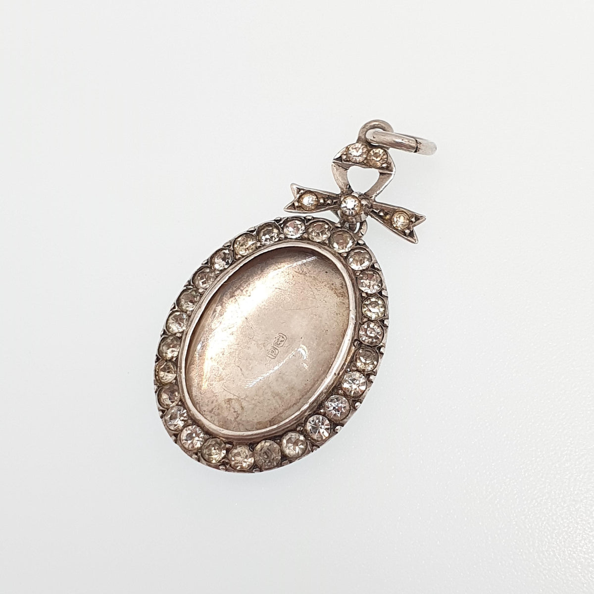 Antique Sterling Silver Diamond Paste Locket Pendant Edwardian 1903 Necklace Picture Photo Bow Oval Womens Vintage Jewelry