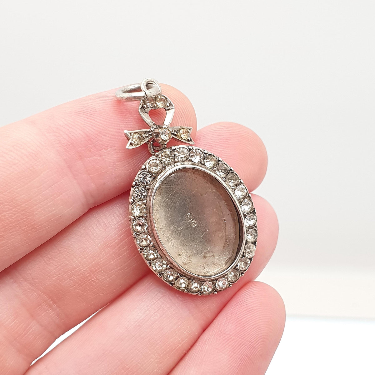 Antique Sterling Silver Diamond Paste Locket Pendant Edwardian 1903 Necklace Picture Photo Bow Oval Womens Vintage Jewelry