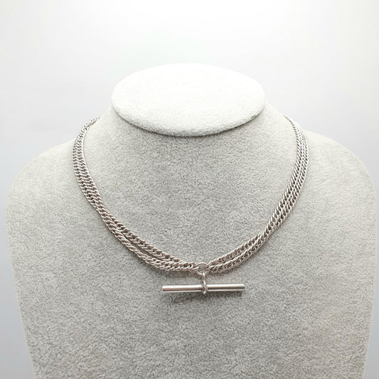 Antique Victorian Sterling Silver Albert Chain T Bar Necklace Double Curb Link Dog Clip 39cm 15.3" 30.73g Vintage Jewelry Womens