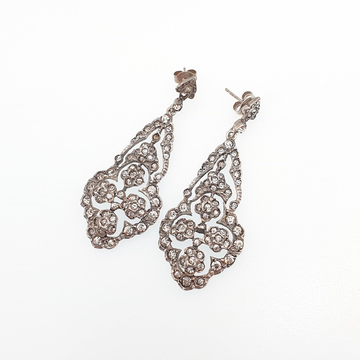 Antique Victorian Solid Silver Diamond Paste Earrings Stud Large Big Dangling Drop Chandelier Art Nouveau Vintage Jewelry Jewellery