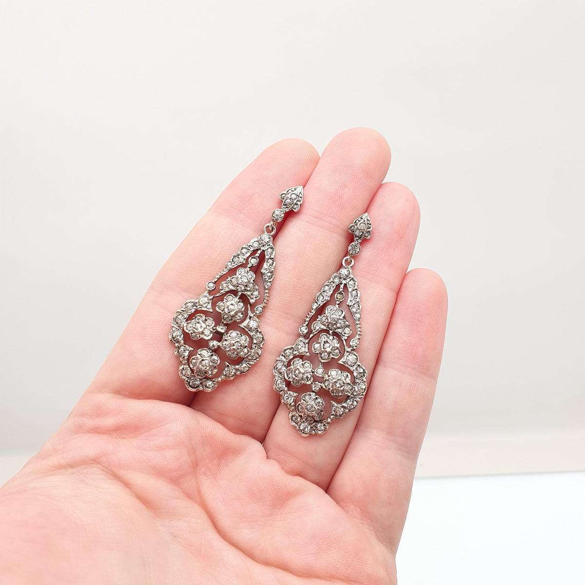 Antique Victorian Solid Silver Diamond Paste Earrings Stud Large Big Dangling Drop Chandelier Art Nouveau Vintage Jewelry Jewellery