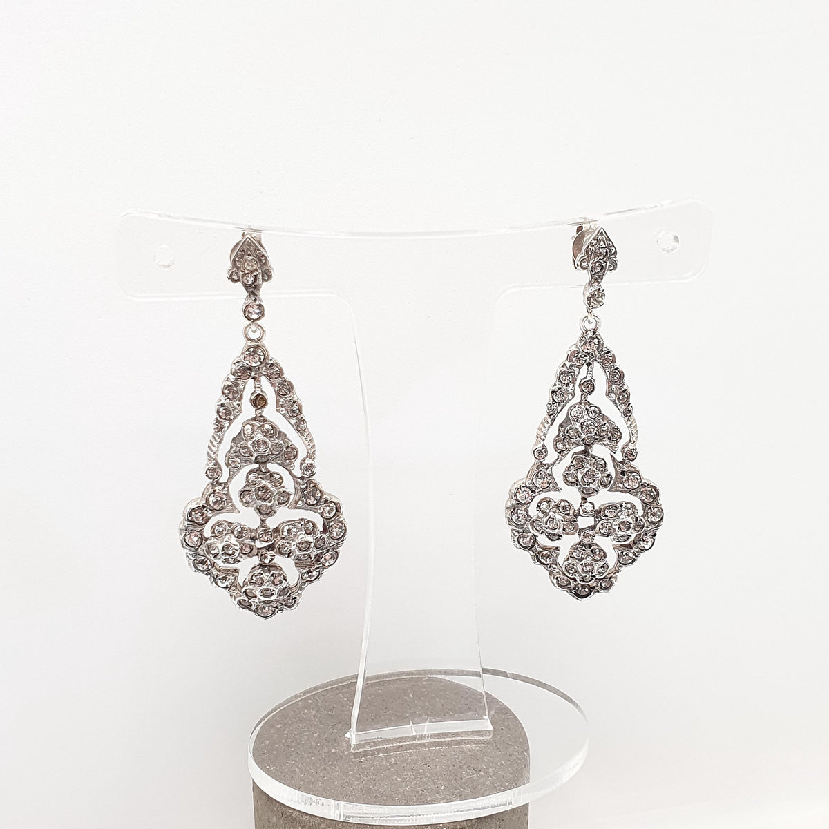 Antique Victorian Solid Silver Diamond Paste Earrings Stud Large Big Dangling Drop Chandelier Art Nouveau Vintage Jewelry Jewellery