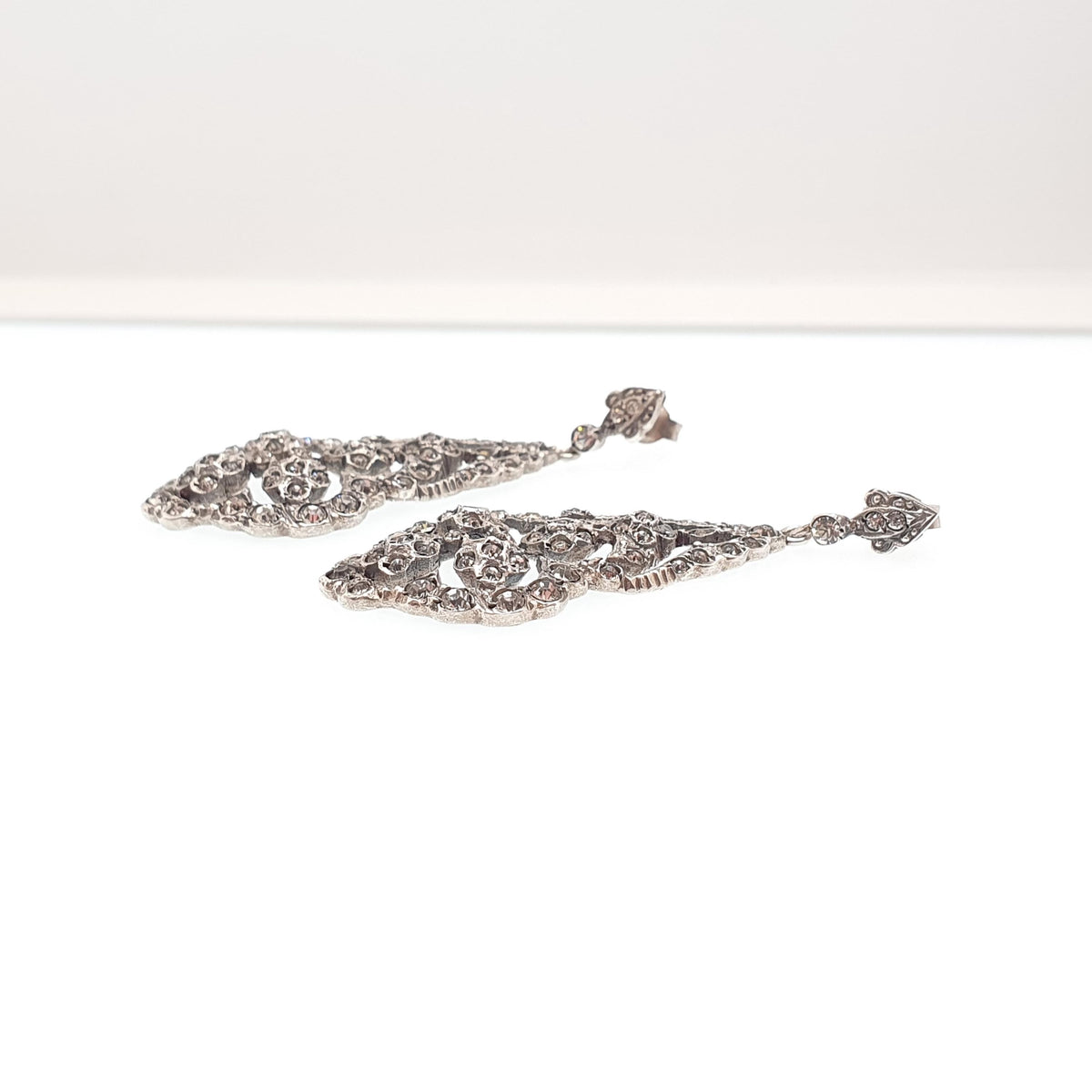 Antique Victorian Solid Silver Diamond Paste Earrings Stud Large Big Dangling Drop Chandelier Art Nouveau Vintage Jewelry Jewellery