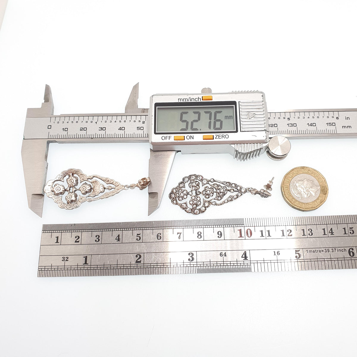 Antique Victorian Solid Silver Diamond Paste Earrings Stud Large Big Dangling Drop Chandelier Art Nouveau Vintage Jewelry Jewellery