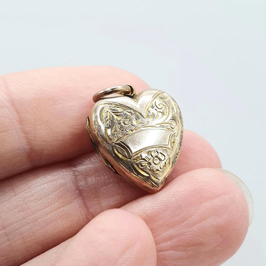 Antique Victorian 9ct Gold Heart Locket 9k Back and Front Hand Engraved Pendant Love Necklace Vintage Jewelry Jewellery Womens Mens