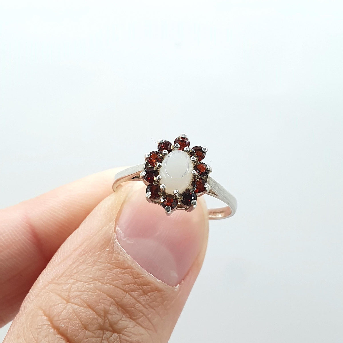 Vintage Sterling Silver Garnet & Opal Ring Cluster Halo Genuine Gemstone Womens Girls Jewelry Jewellery UK L US 5.75