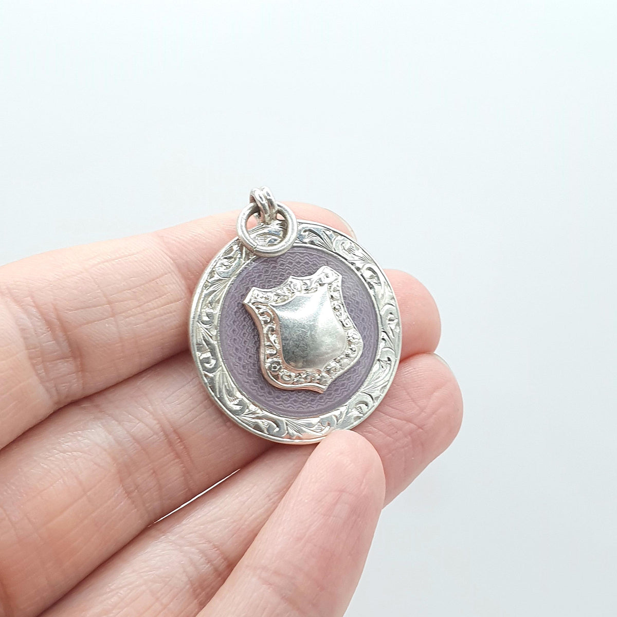 Antique Sterling Silver Purple Enamel Shield Fob Pendant Necklace Round Art Deco 1924 Vintage Unisex Engraved Womens Mens Jewelry Jewellery