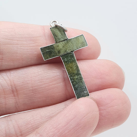 Antique Sterling Silver Connemara Marble Cross Pendant Crucifix 1900 Hallmark Vintage Necklace Celtic Jewelry Jewellery Womens Mens