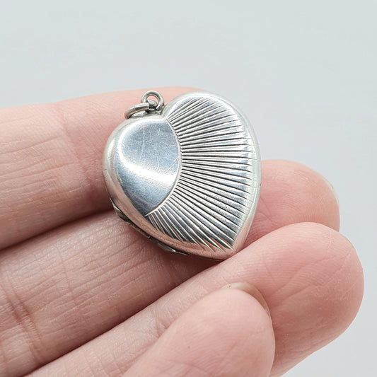 Antique Art Deco Sterling Silver Heart Locket Sunburst Pattern Pendant Necklace Vintage Womens Jewelry Jewellery