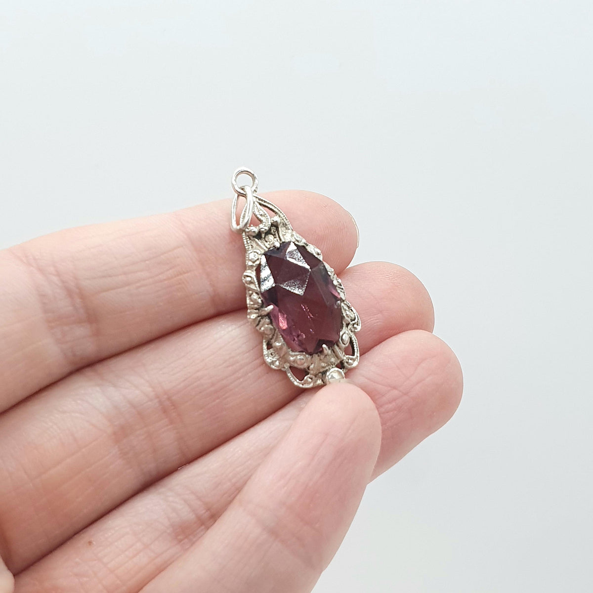 Antique Art Deco Solid Silver Amethyst Paste Pendant Necklace Vintage 1920s Purple Glass Womens Jewellery Jewelry