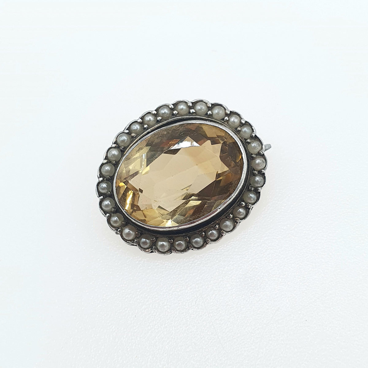 Antique Victorian Solid Silver Citrine Brooch Seed Pearl Border Genuine Gemstone Oval Cut Vintage Jewelry Jewellery