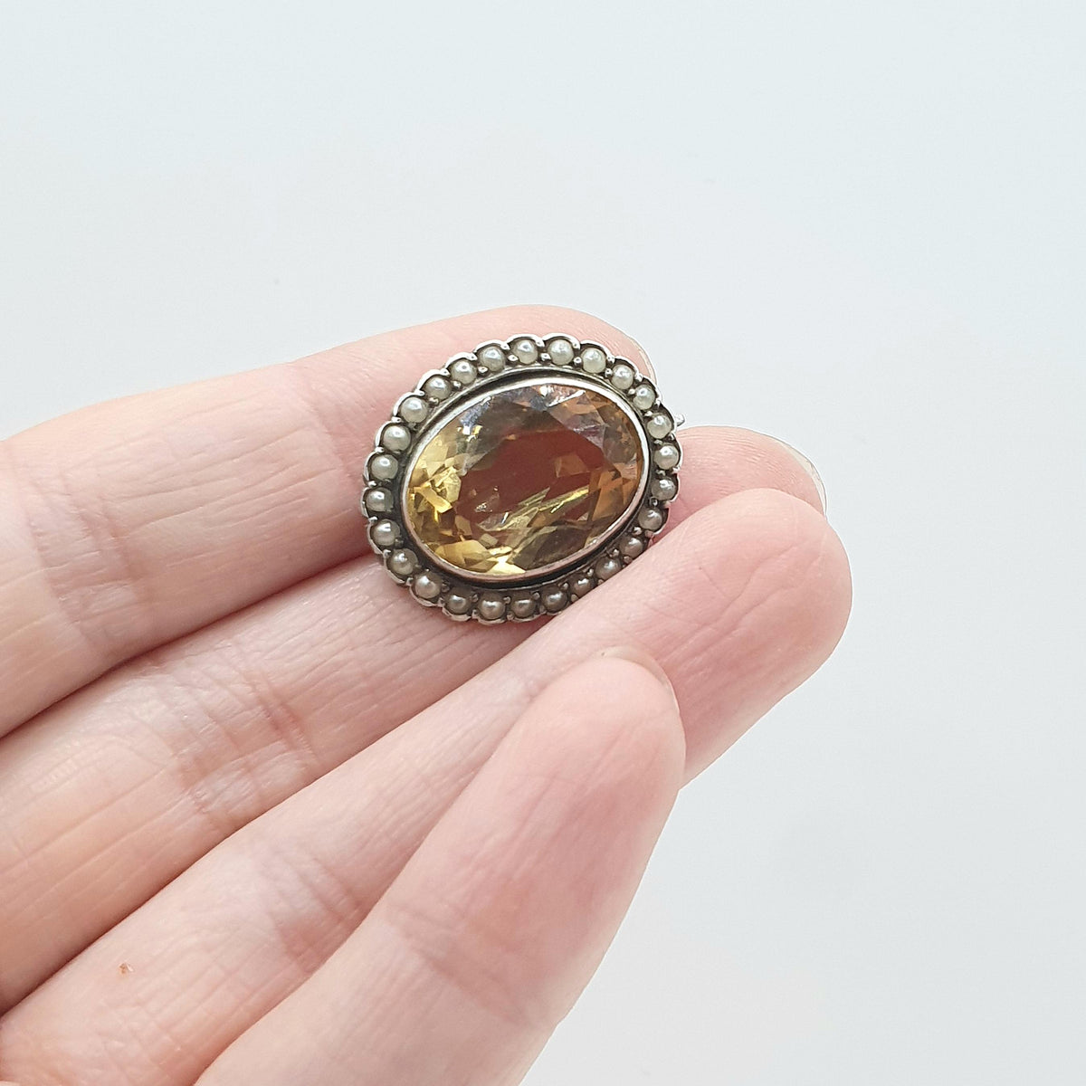 Antique Victorian Solid Silver Citrine Brooch Seed Pearl Border Genuine Gemstone Oval Cut Vintage Jewelry Jewellery