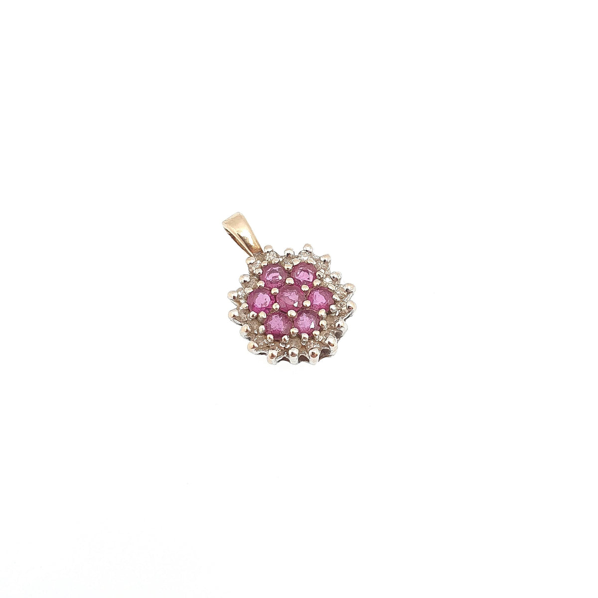 Vintage 9k 9ct Gold Ruby & Diamond Necklace Pendant Flower Cluster Genuine Gemstones Solid 9kt Womens Jewelry Retro Jewellery