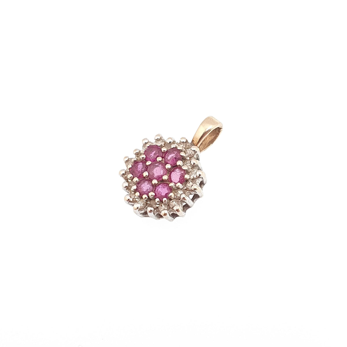 Vintage 9k 9ct Gold Ruby & Diamond Necklace Pendant Flower Cluster Genuine Gemstones Solid 9kt Womens Jewelry Retro Jewellery