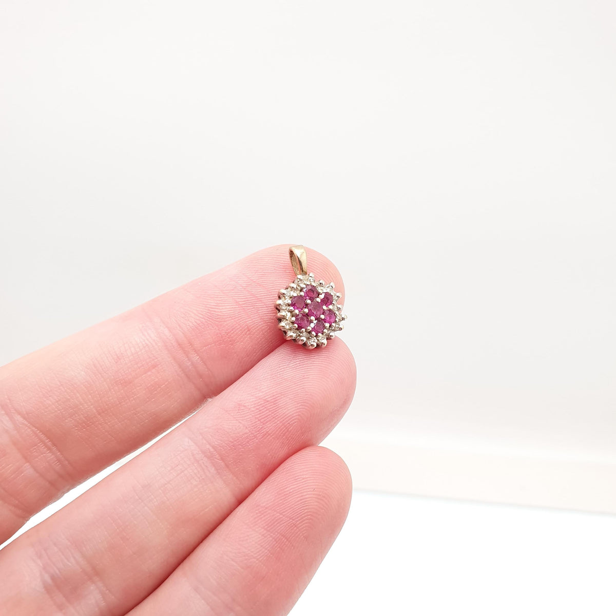 Vintage 9k 9ct Gold Ruby & Diamond Necklace Pendant Flower Cluster Genuine Gemstones Solid 9kt Womens Jewelry Retro Jewellery