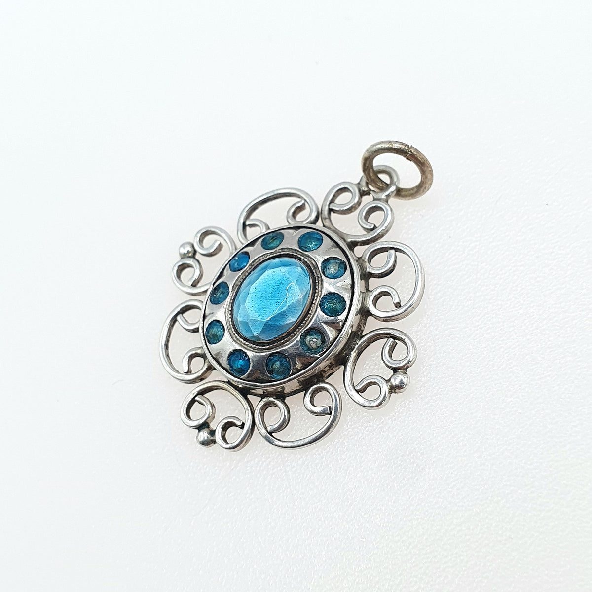 Antique Solid Silver Art Nouveau Pendant Necklace Sky Blue Enamel Handmade Hanging Womens Vintage Jewellery Jewelry