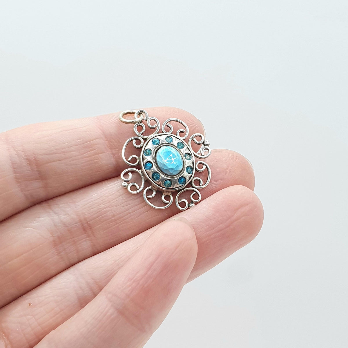 Antique Solid Silver Art Nouveau Pendant Necklace Sky Blue Enamel Handmade Hanging Womens Vintage Jewellery Jewelry
