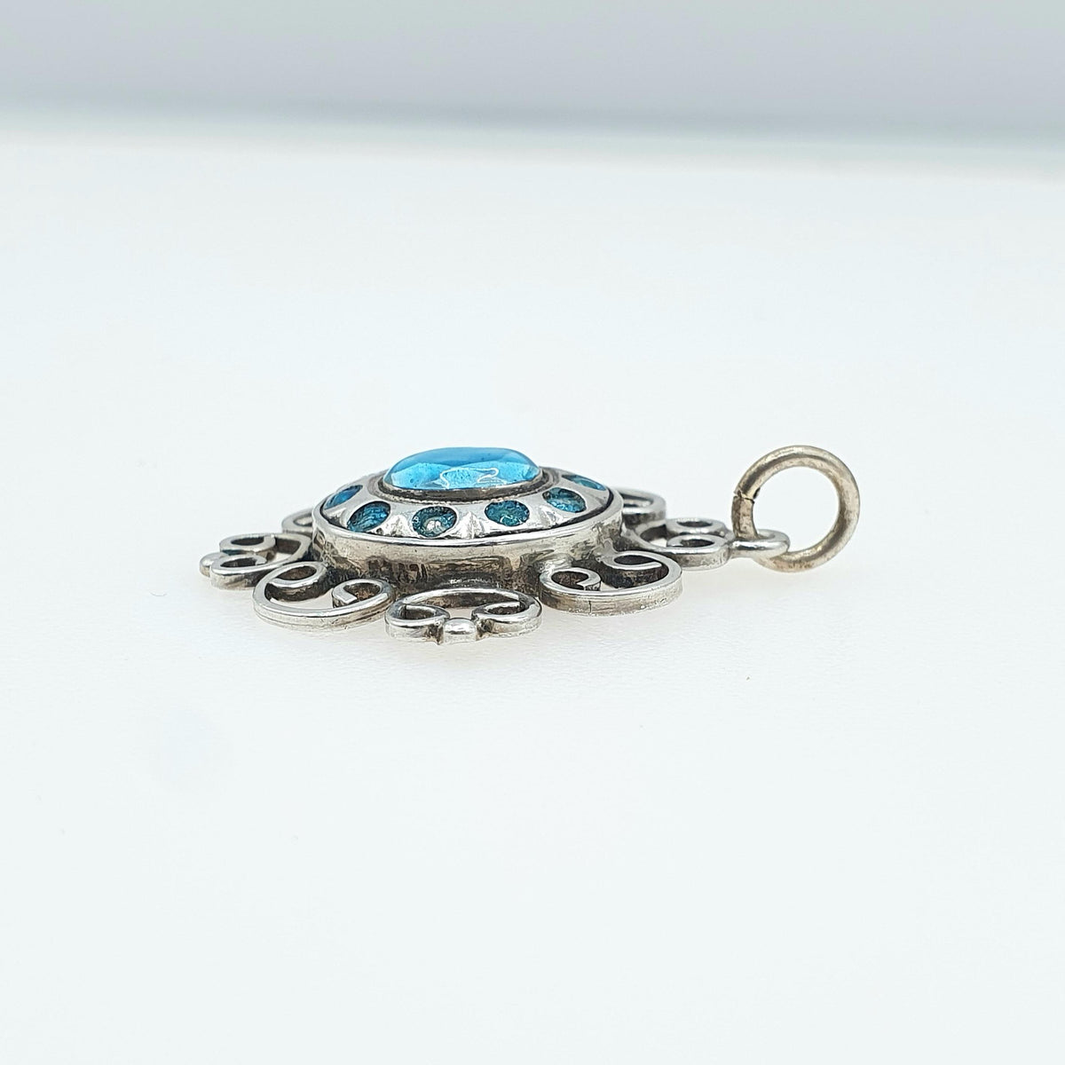 Antique Solid Silver Art Nouveau Pendant Necklace Sky Blue Enamel Handmade Hanging Womens Vintage Jewellery Jewelry
