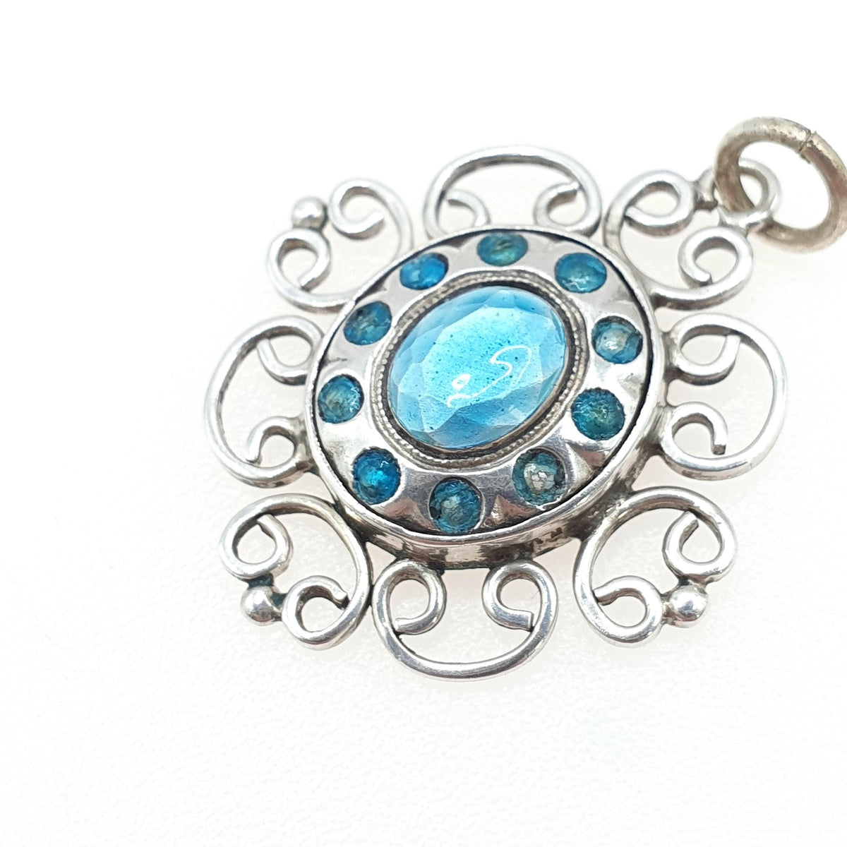 Antique Solid Silver Art Nouveau Pendant Necklace Sky Blue Enamel Handmade Hanging Womens Vintage Jewellery Jewelry