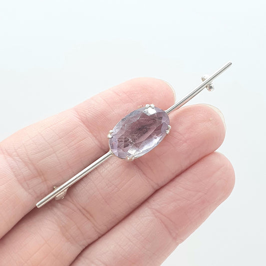 Antique Solid Silver Natural Amethyst Bar Brooch Victorian Pin Oval Cut Purple Quartz Gemstone Lilac Purple Womens Jewelry Jewellery