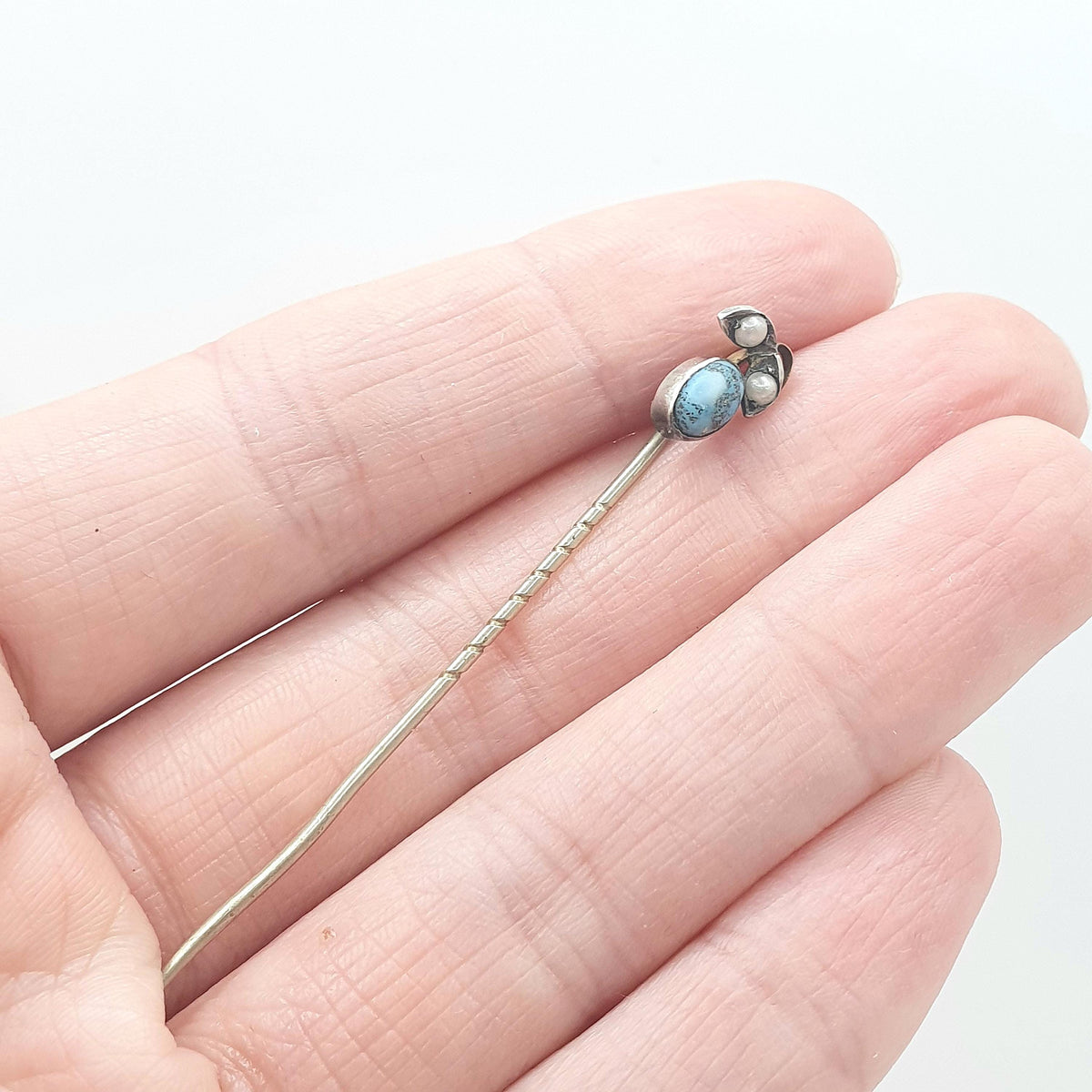 Antique Victorian Solid Silver Turquoise Glass & Pearl Stick Pin Berry Flower and Leaf Base Metal Womens Jewellery Jewelry